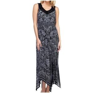 Bila Size XXL Black White Print Farah Boho Dress Handkerchief Hem Crochet Neck